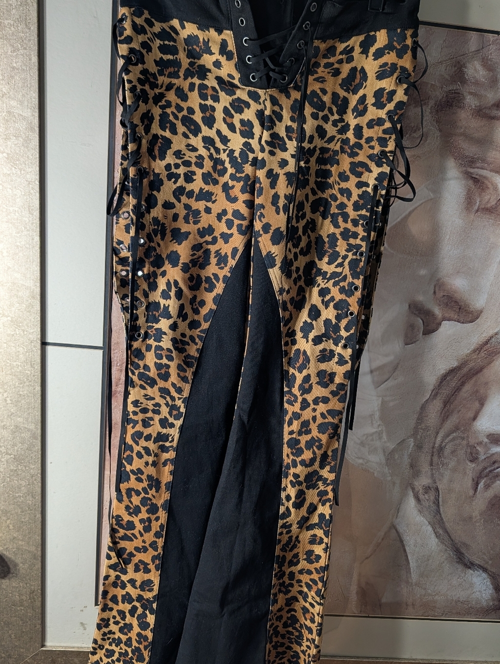 Dolls Kill Current Mood leopard print flare Jeans black lace-up side Size XS